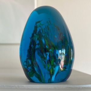 Vintage Blown Solid Glass Egg Paperweight Blue Art glass Decor